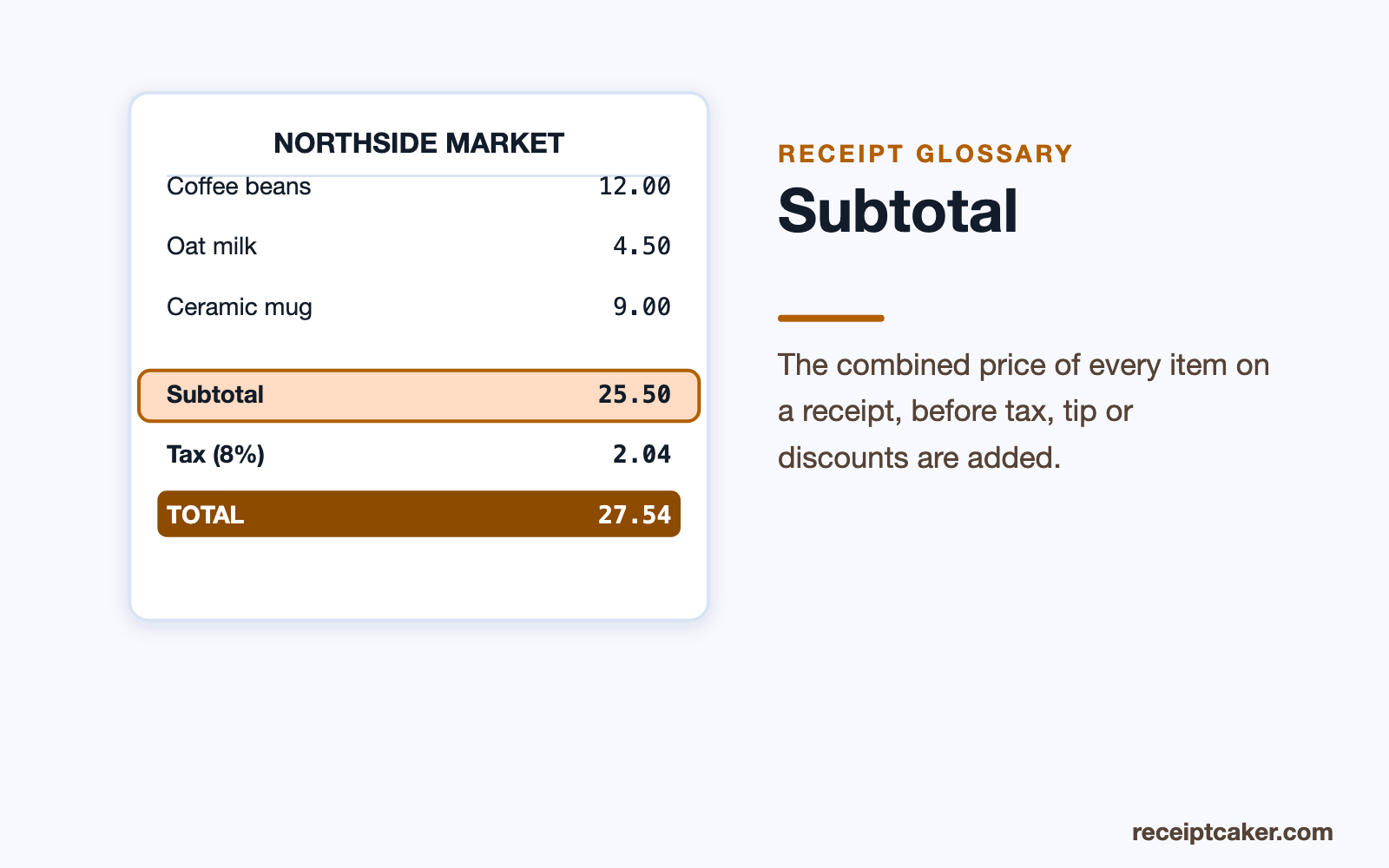 Receipt with the subtotal line highlighted