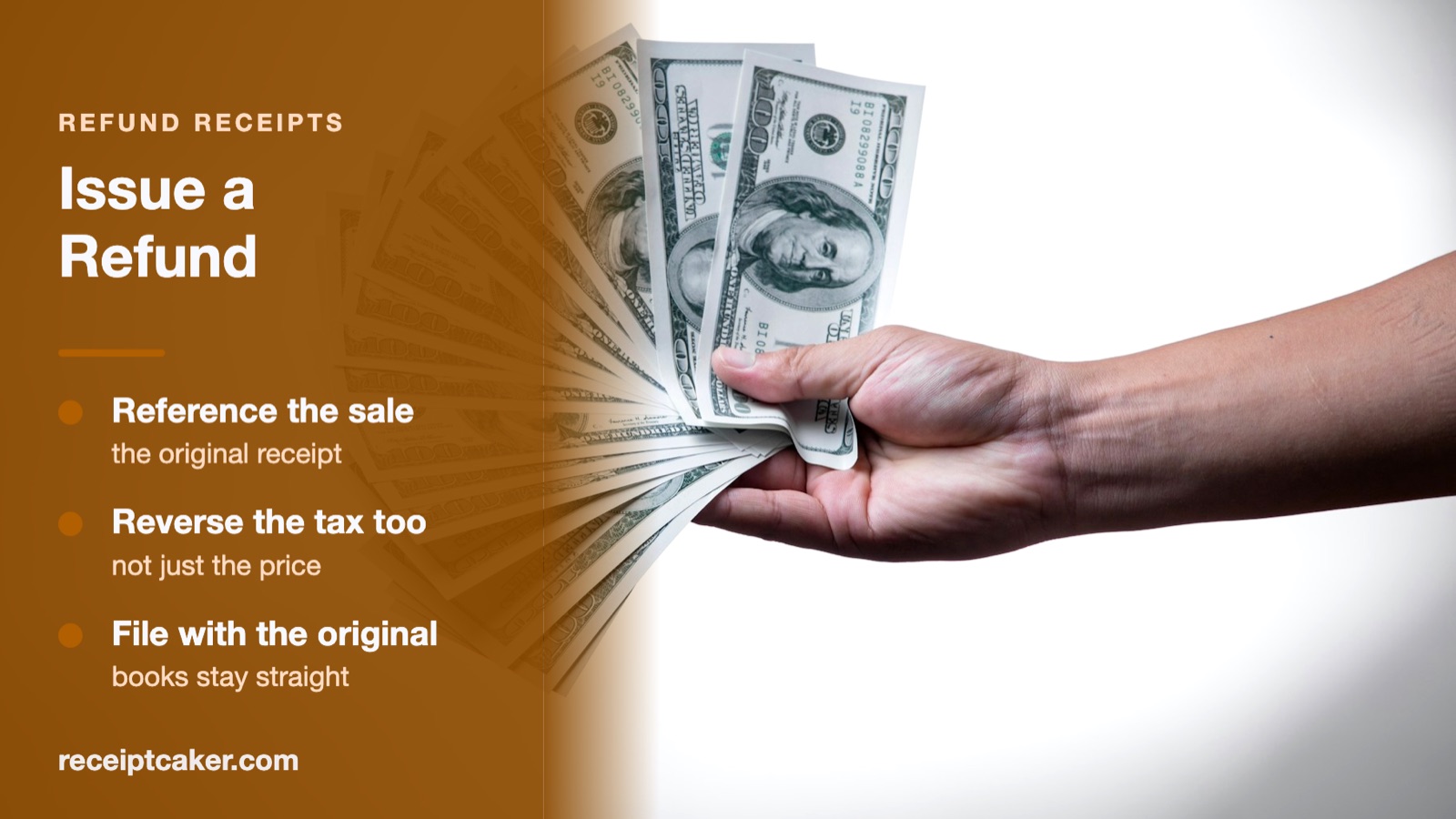 US dollar banknotes being handed back, standing for a refund returned to a customer