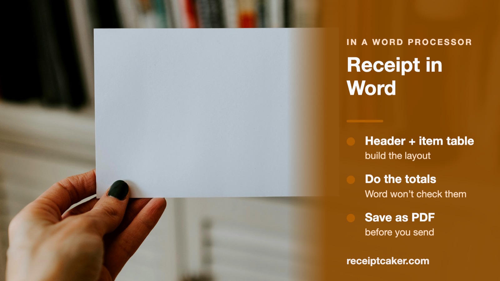 Hands typing on a laptop keyboard, building a receipt document