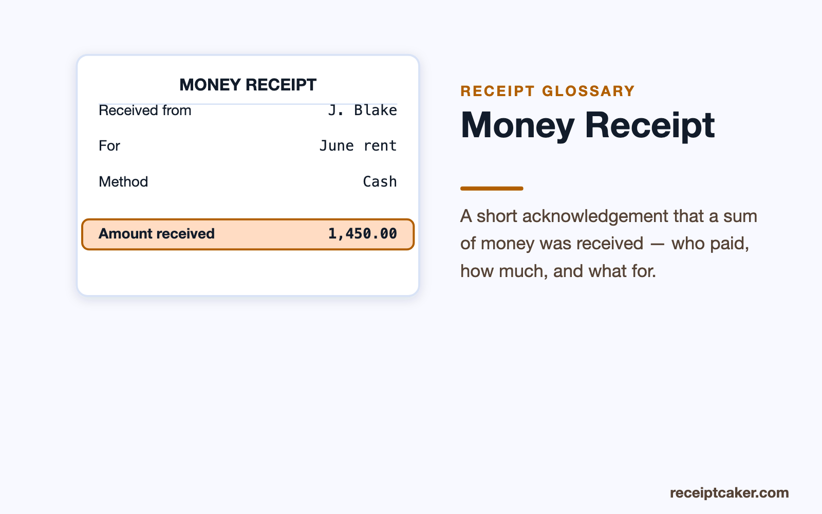 A simple money receipt with the amount received highlighted