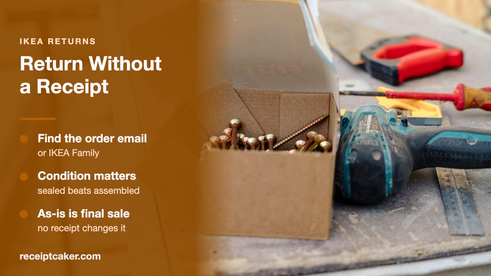 A hex key and screws on flat-pack furniture parts, standing for an assembled-furniture return